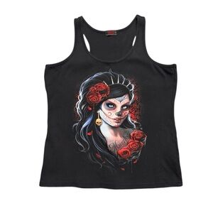 Spiral Day‎ Of The Dead Tank Top Womens Sz XL Black Y2K Skulls Roses 100% Cotton